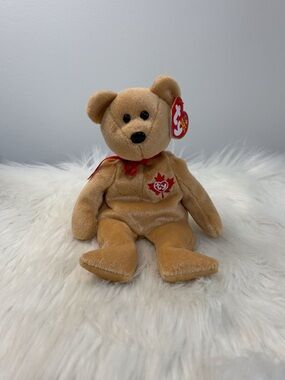 Ty(51)True Tan Bear with Red Maple Emblem and Ribbon